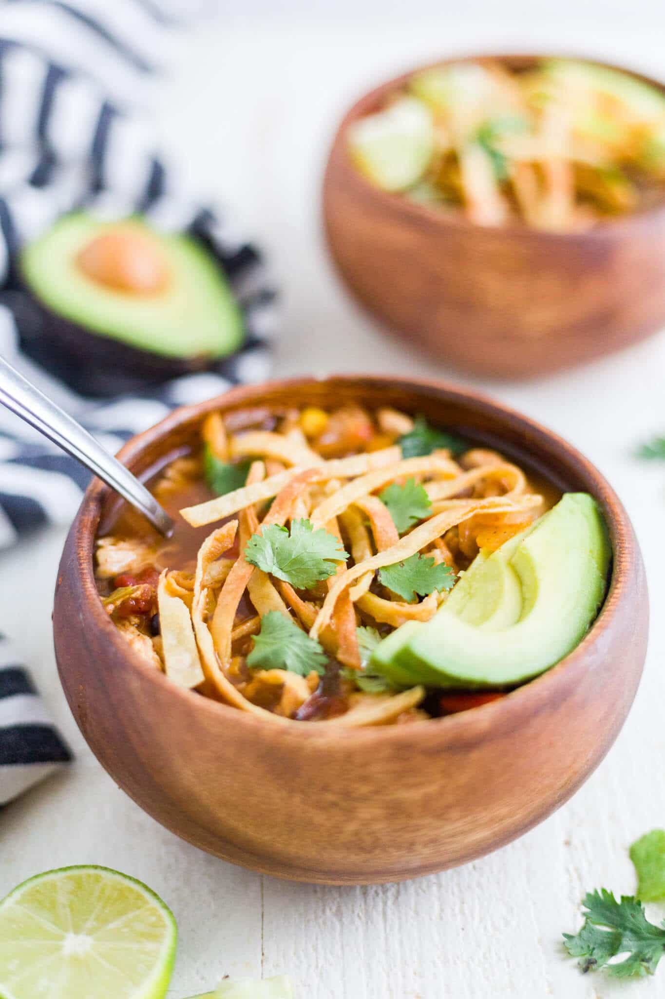 two bowls of healthy chicken tortilla soup