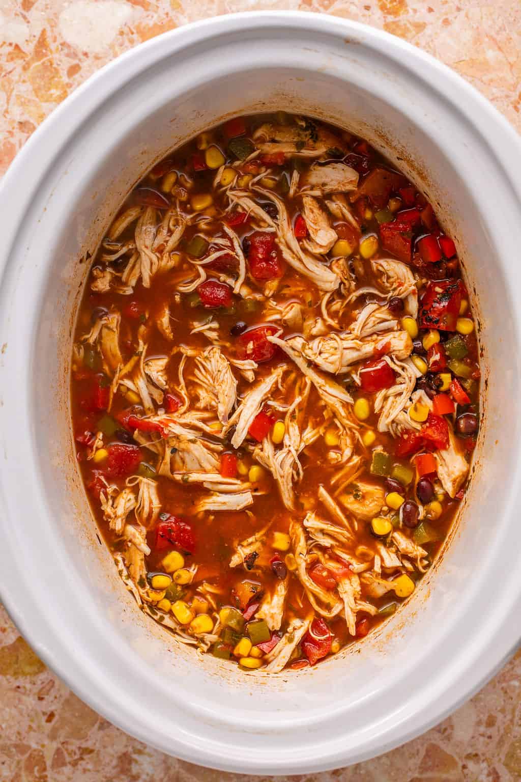 healthy chicken tortilla soup in a crock pot.