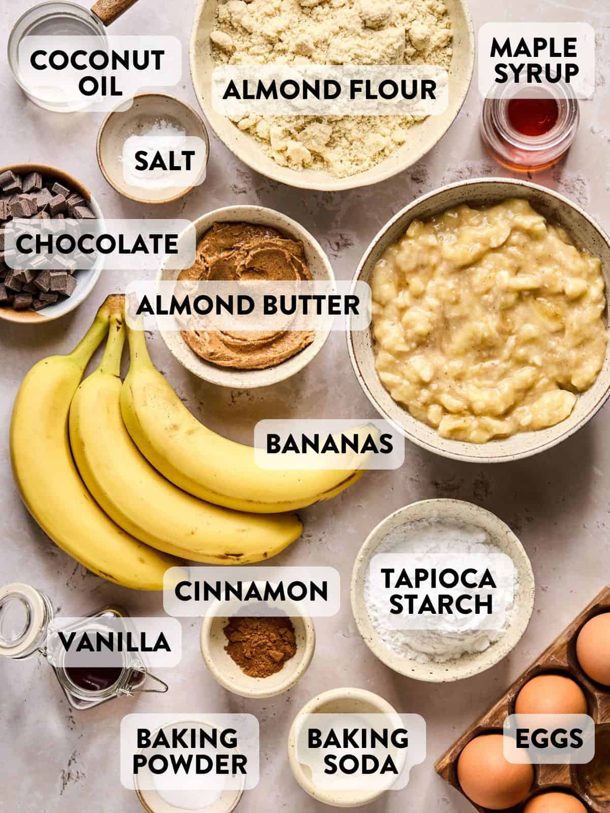 paleo banana bread ingredients on a counter.