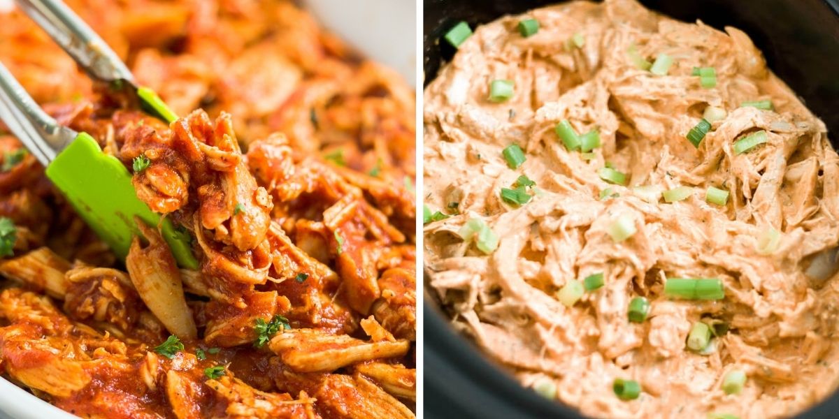 a picture of whole30 bbq chicken and whole30 buffalo chicken dip in crockpots
