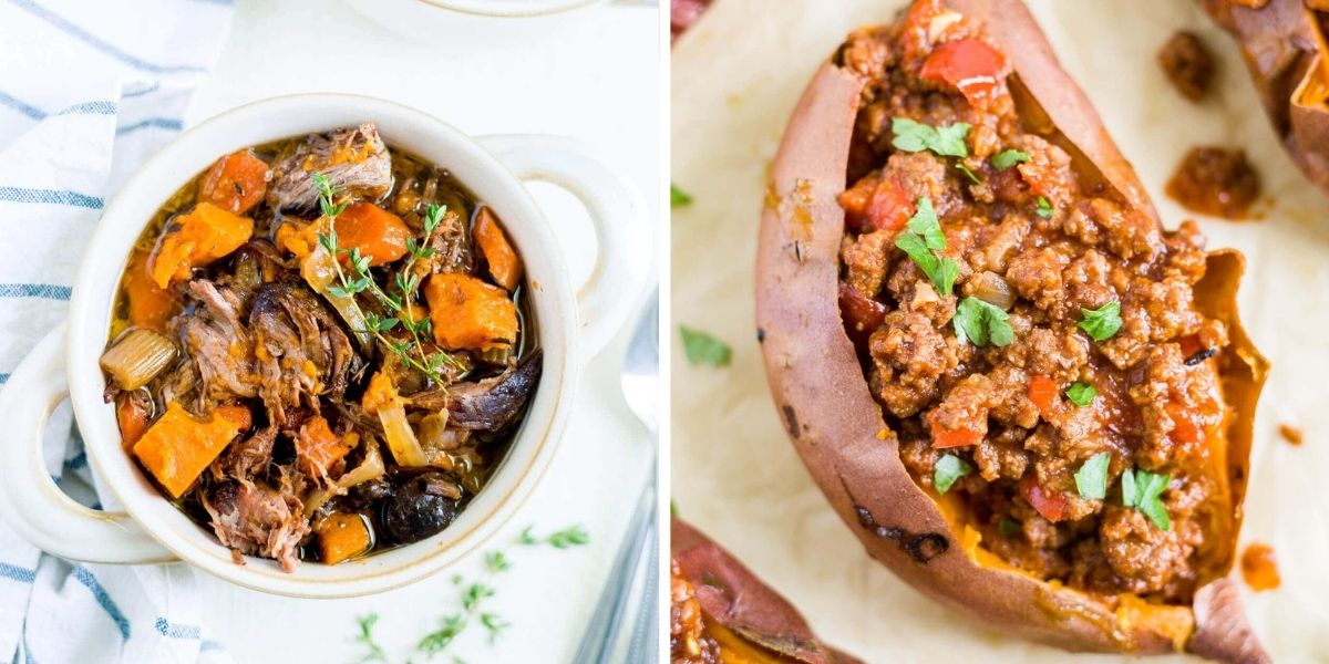 two side by side pictures of whole30 crockpot beef stew and whole30 sloppy joes