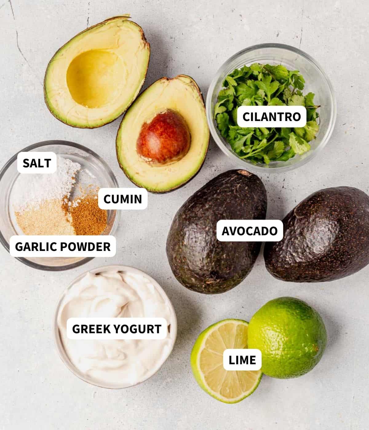 avocado, greek yogurt, cilantro, lime, and spices