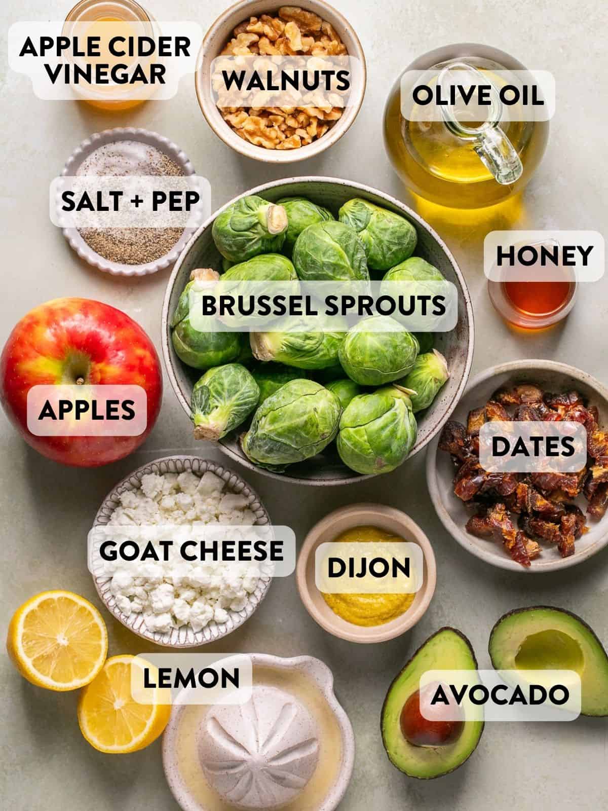 ingredients for shaved brussel sprout salad on a counter