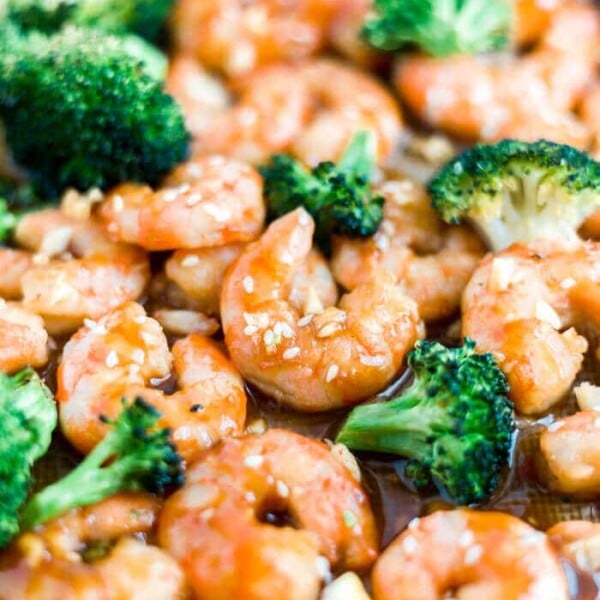 honey garlic shrimp on a sheet pan with broccoli