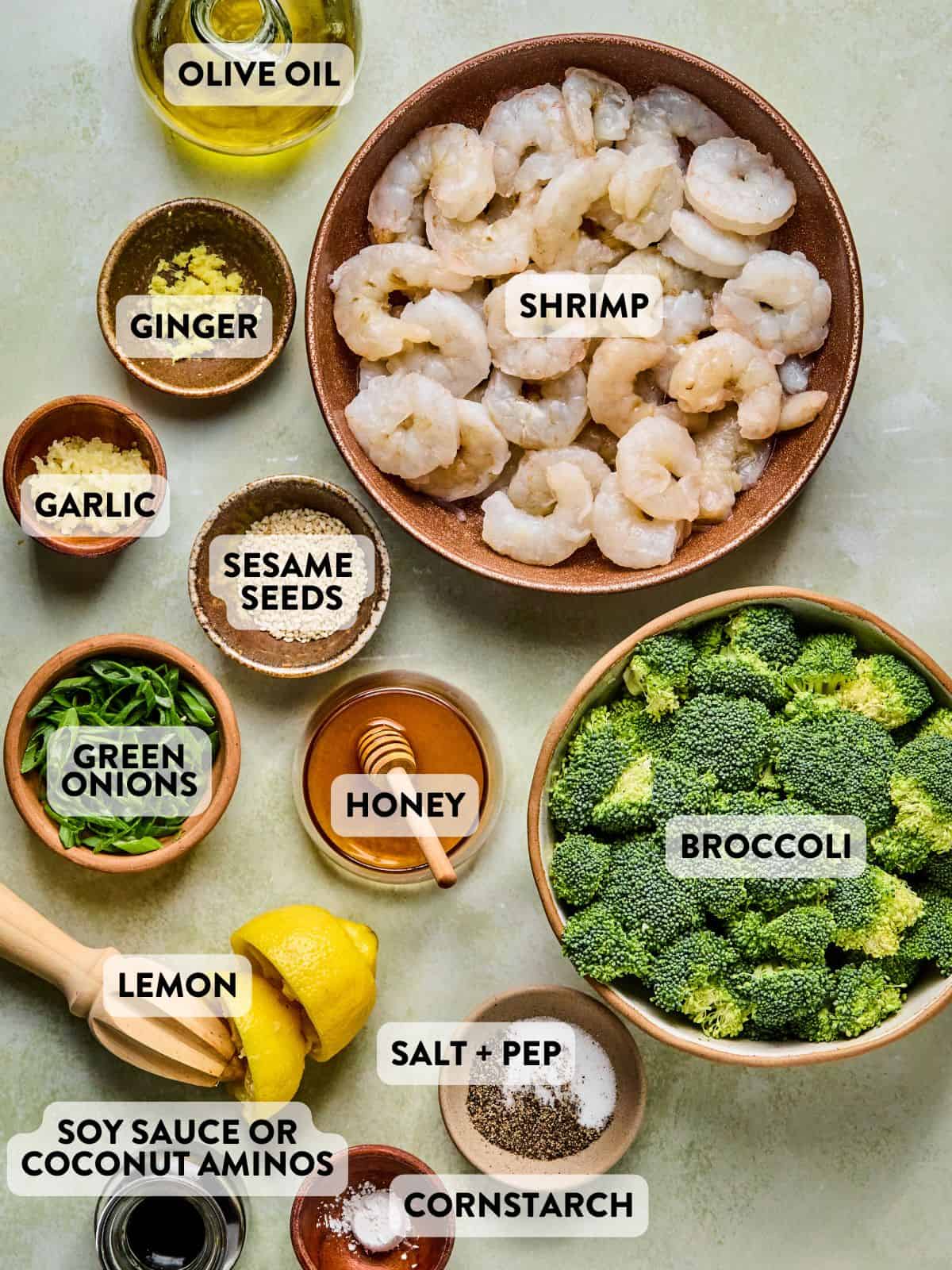 ingredients for honey garlic shrimp and broccoli on a counter.