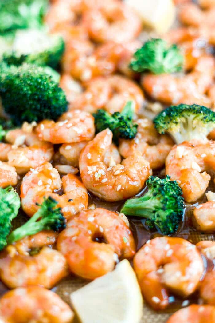 honey garlic shrimp on a sheet pan with broccoli