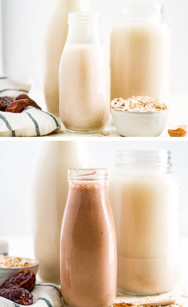 collage image of oat milk and chocolate oat milk