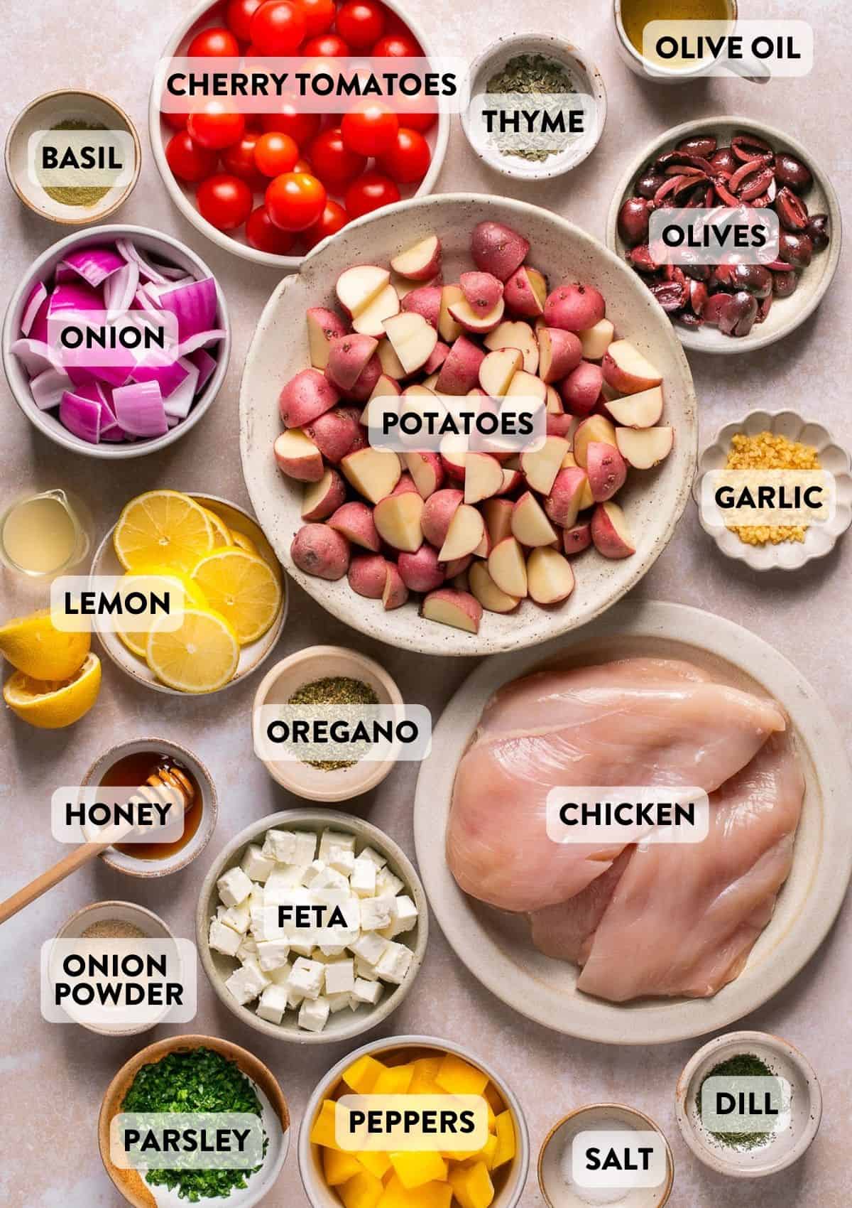 ingredients for greek sheet pan chicken on a counter