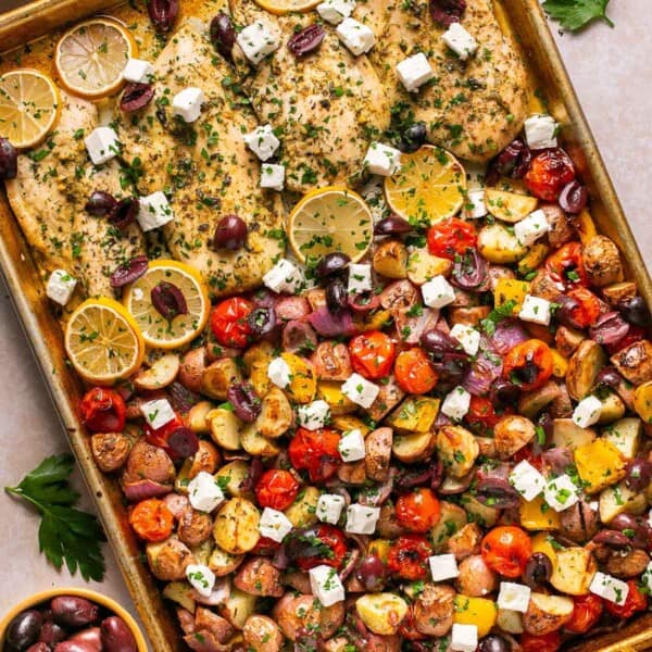 Greek chicken and vegetables on a sheet pan