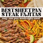 sheet pan steak fajitas and then a metal spatula lifting steak fajitas off the sheet pan.