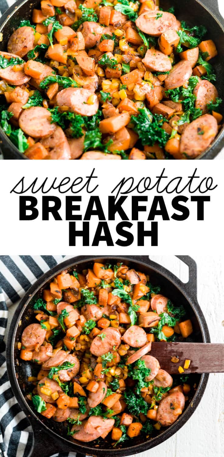 sweet potato hash in a skillet with a text overlay