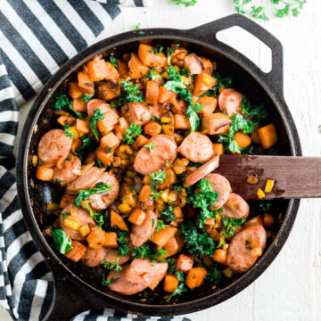 sweet potato hash in a cast iron skillet