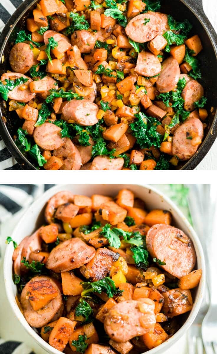 collage of two images of sweet potato hash in a skillet and in a bowl