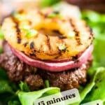 grilled hawaiian teriyaki burger with grilled pineapple and red onion on bib lettuce wrap