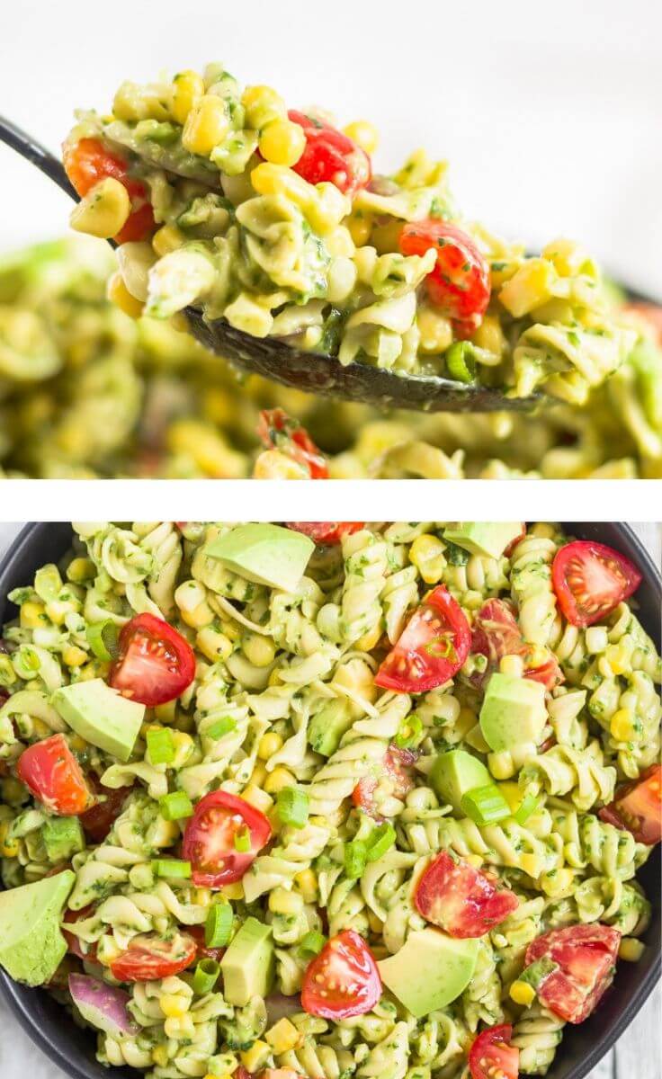 collage of two images of creamy avocado pasta salad