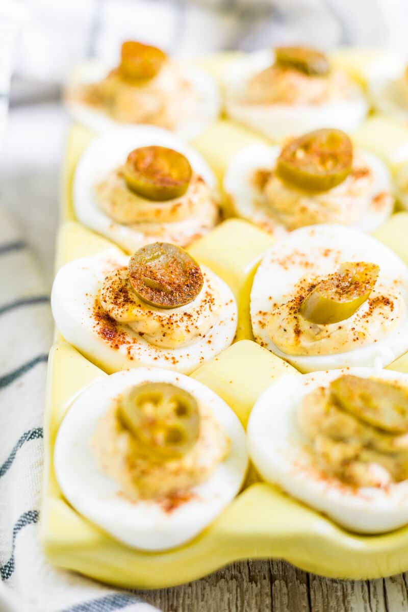 bacon jalapeno deviled eggs in a serving tray