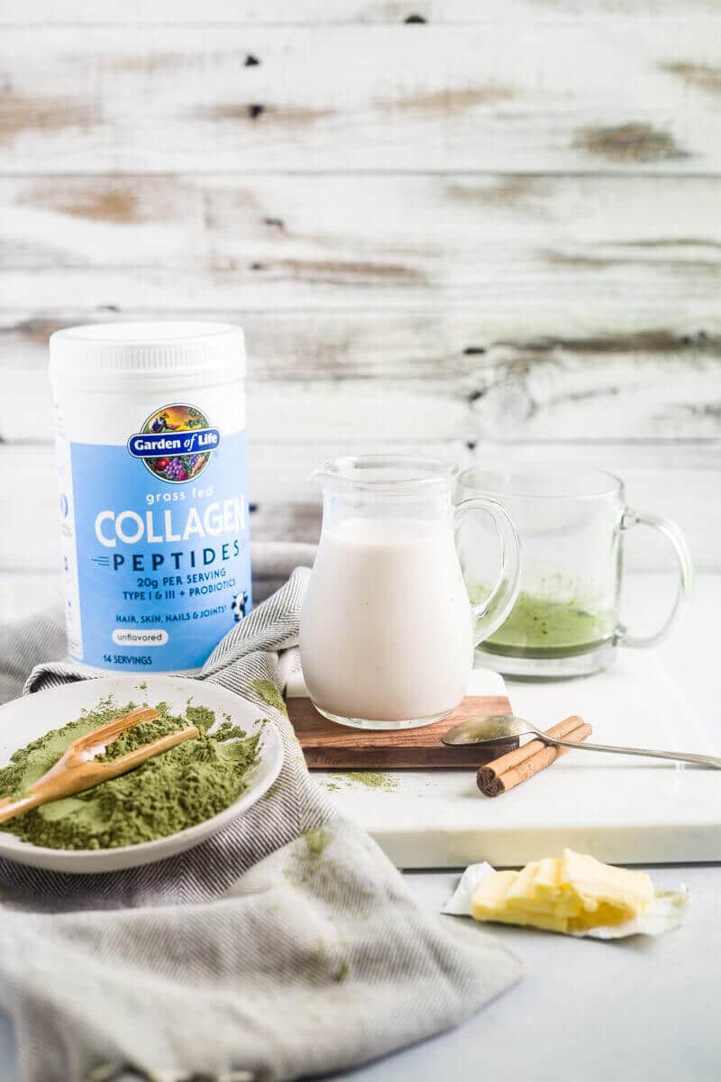 almond milk and ingredients for collagen matcha latte