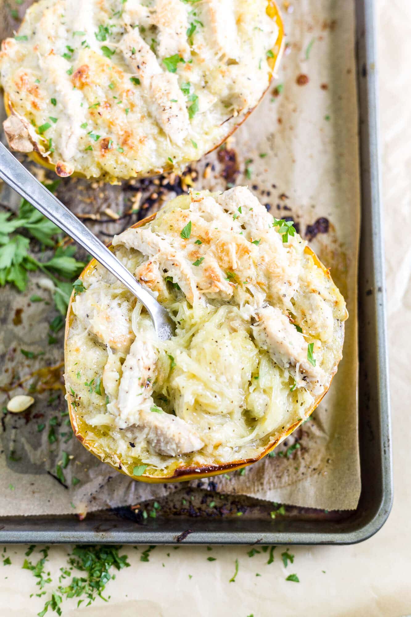 chicken alfredo stuffed spaghetti squash