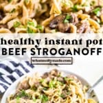 close up of a fork with a bite of instant pot beef stroganoff and then an aerial view of a plate of instant pot beef stroganoff