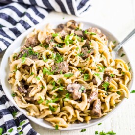 instant pot beef stroganoff on a plate with a fork