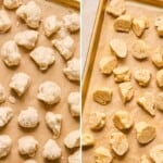 orange cauliflower coated in batter on a sheet pan and then baked orange cauliflower cooling on a sheet pan before adding sauce.