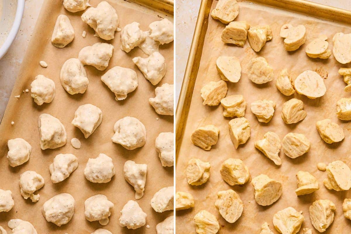 orange cauliflower coated in batter on a sheet pan and then baked orange cauliflower cooling on a sheet pan before adding sauce.
