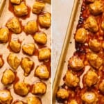 crispy orange cauliflower tossed in orange sauce and then orange cauliflower baked in sauce on a sheet pan.