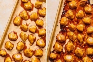 crispy orange cauliflower tossed in orange sauce and then orange cauliflower baked in sauce on a sheet pan.