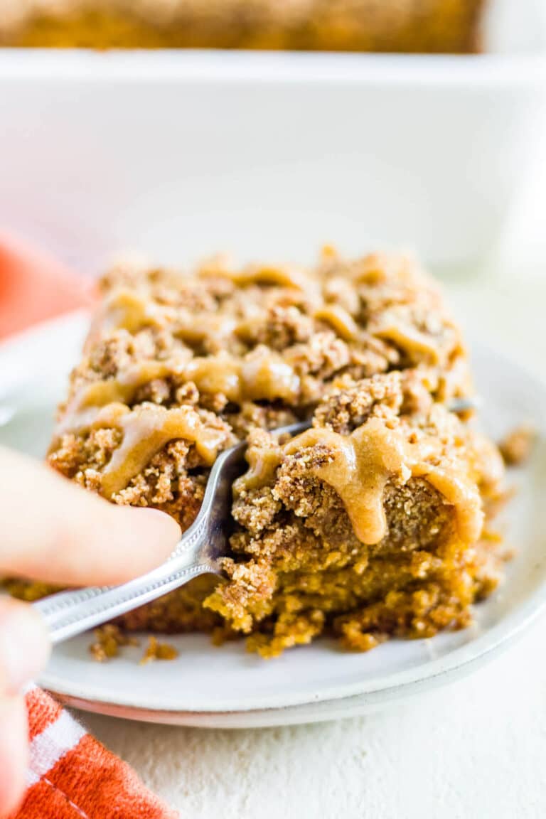 fork cutting a piece of pumpkin coffee cake recipe