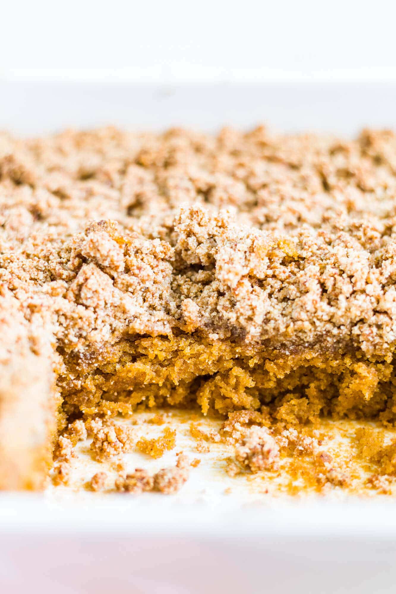 pumpkin streusel coffee cake in a 9x9 pan