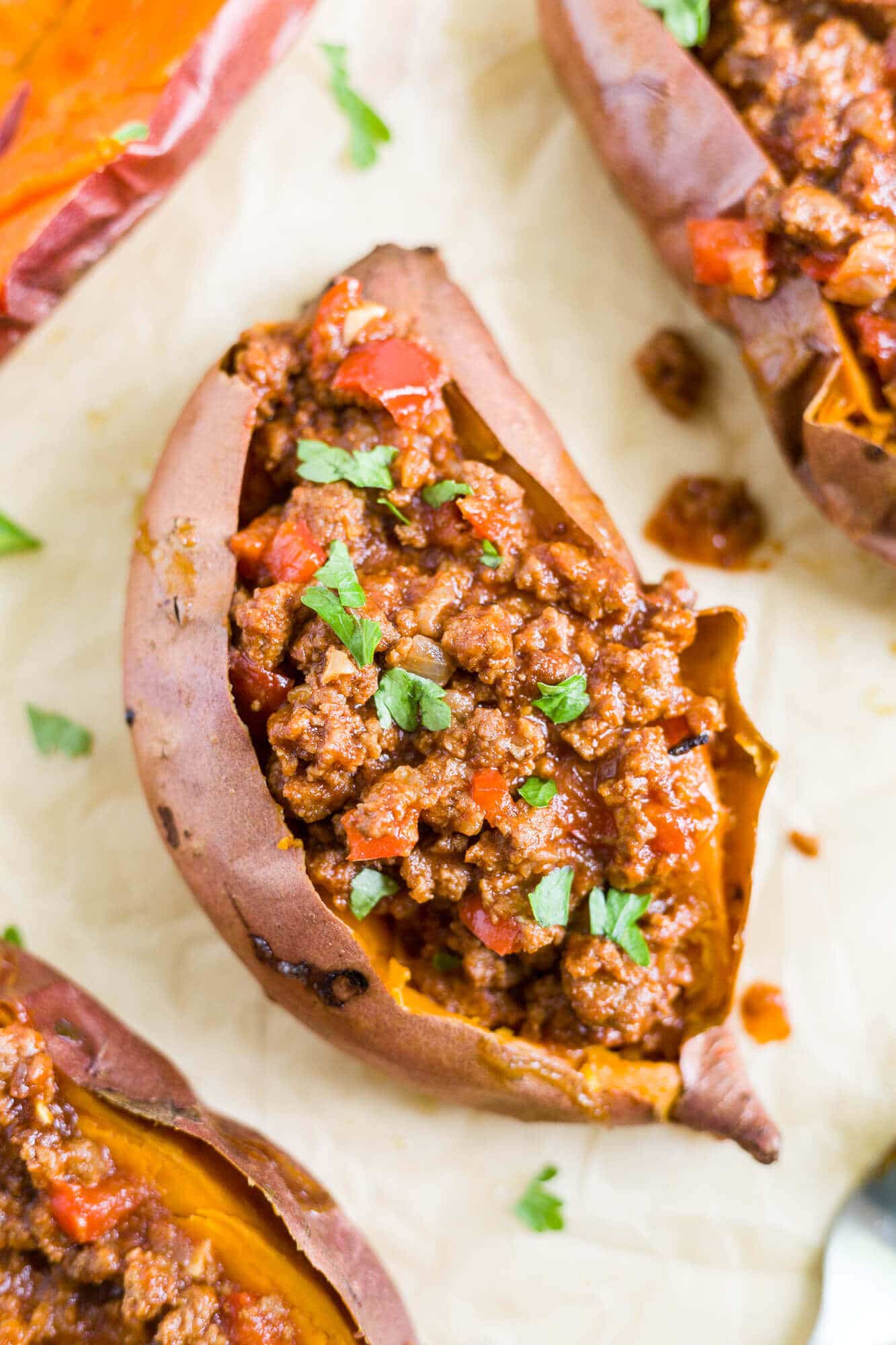 healthy sloppy joes in a roasted sweet potato