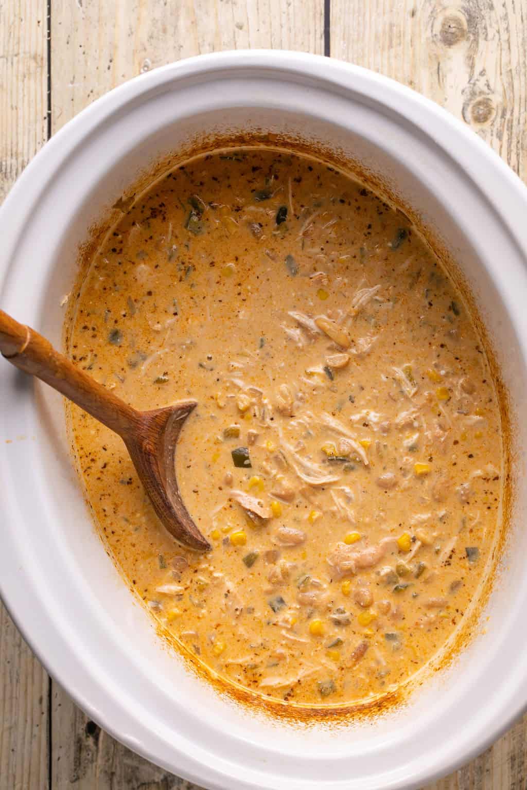 creamy healthy white chicken chili in a crock pot.