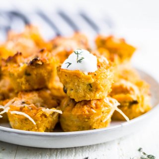 sweet potato puffs on a white serving plate