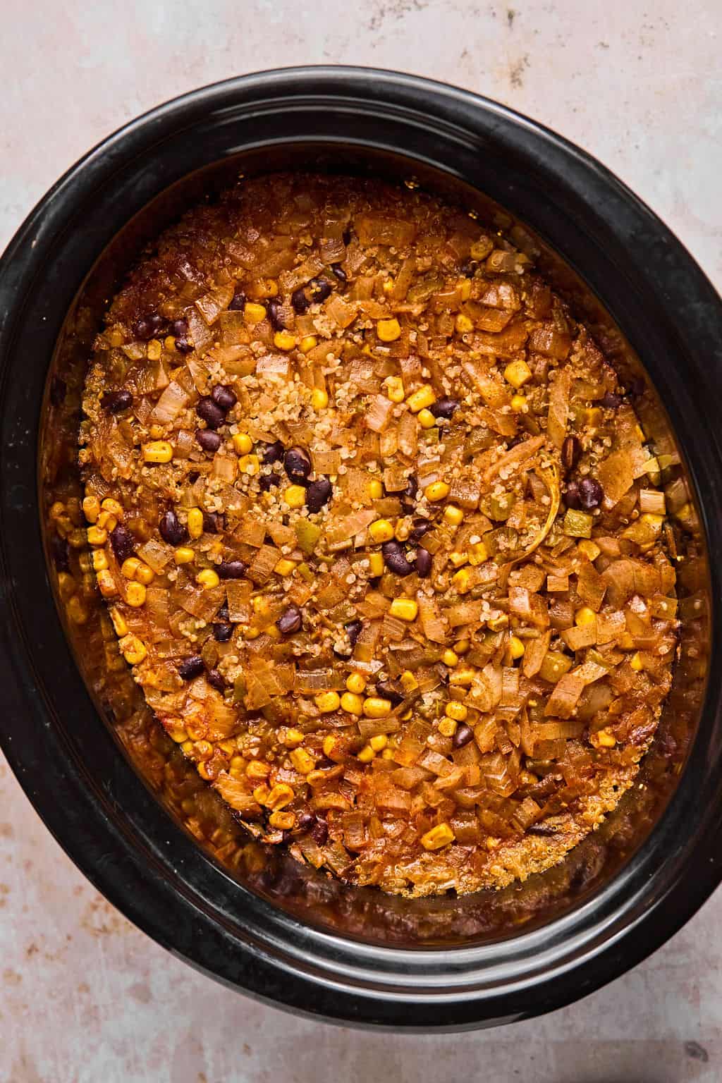 mexican casserole with quinoa cooked in the crock pot.