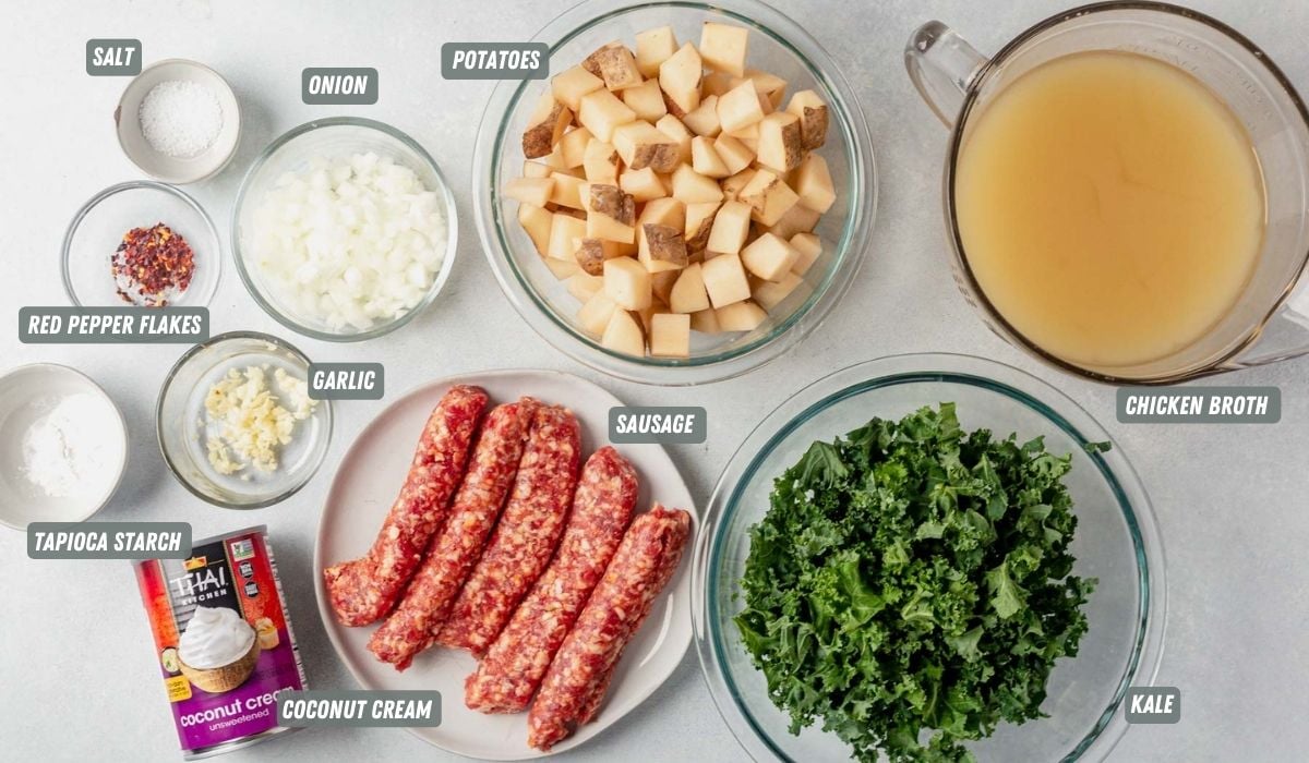 whole30 zuppa toscana ingredients measured on the table with labels