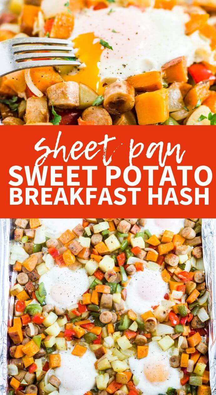 fork digging into sheet pan sweet potato breakfast hash and then sheet pan sweet potato breakfast on a cookie sheet