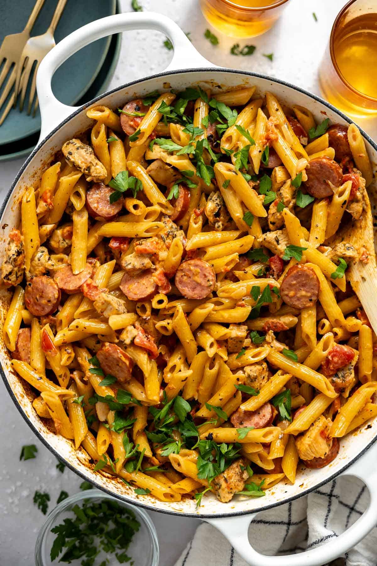 cajun chicken and sausage pasta in a large pot.