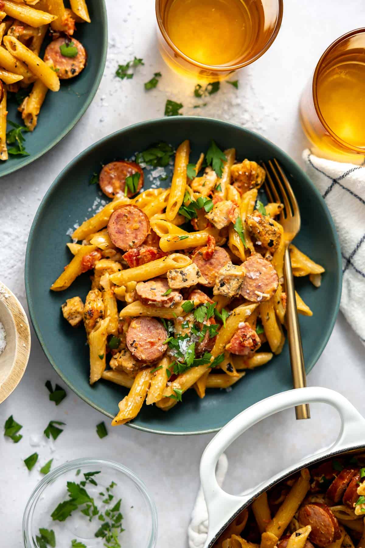 dairy free cajun chicken and sausage pasta in a bowl.