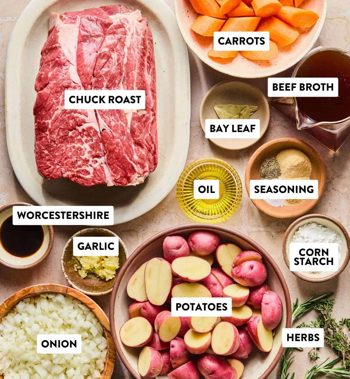 instant pot chuck roast ingredients on a counter.