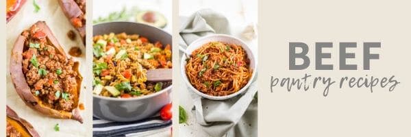 collage of simple pantry recipes made with beef