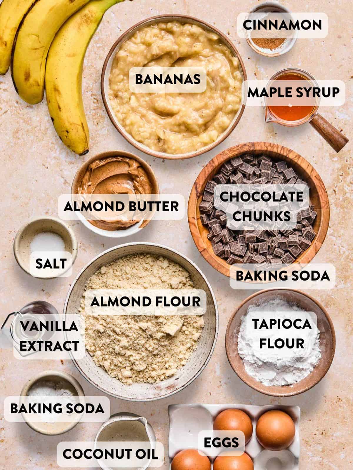 labeled ingredients for healthy banana muffins laid out on a counter.