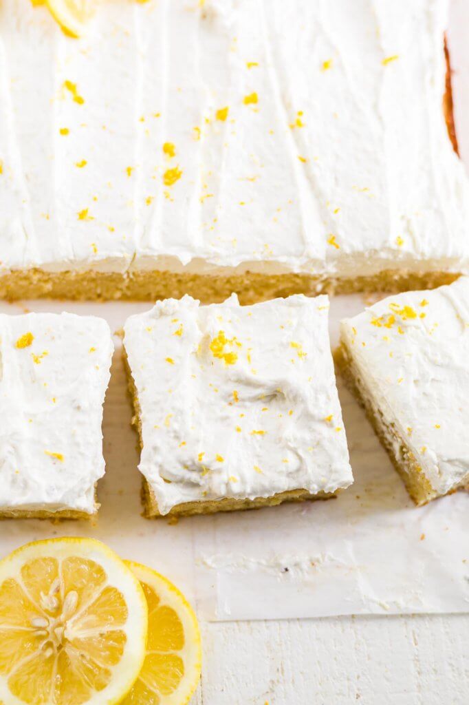 overhead shot of 3 slices of gluten free lemon cake with frosting