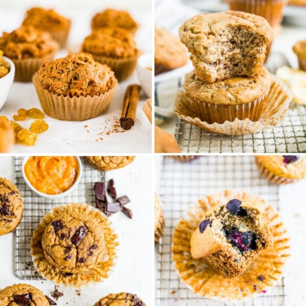 collage of 4 different healthy muffins for kids