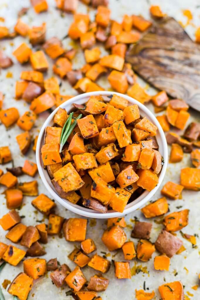 roasted sweet potatoes in a white bowl