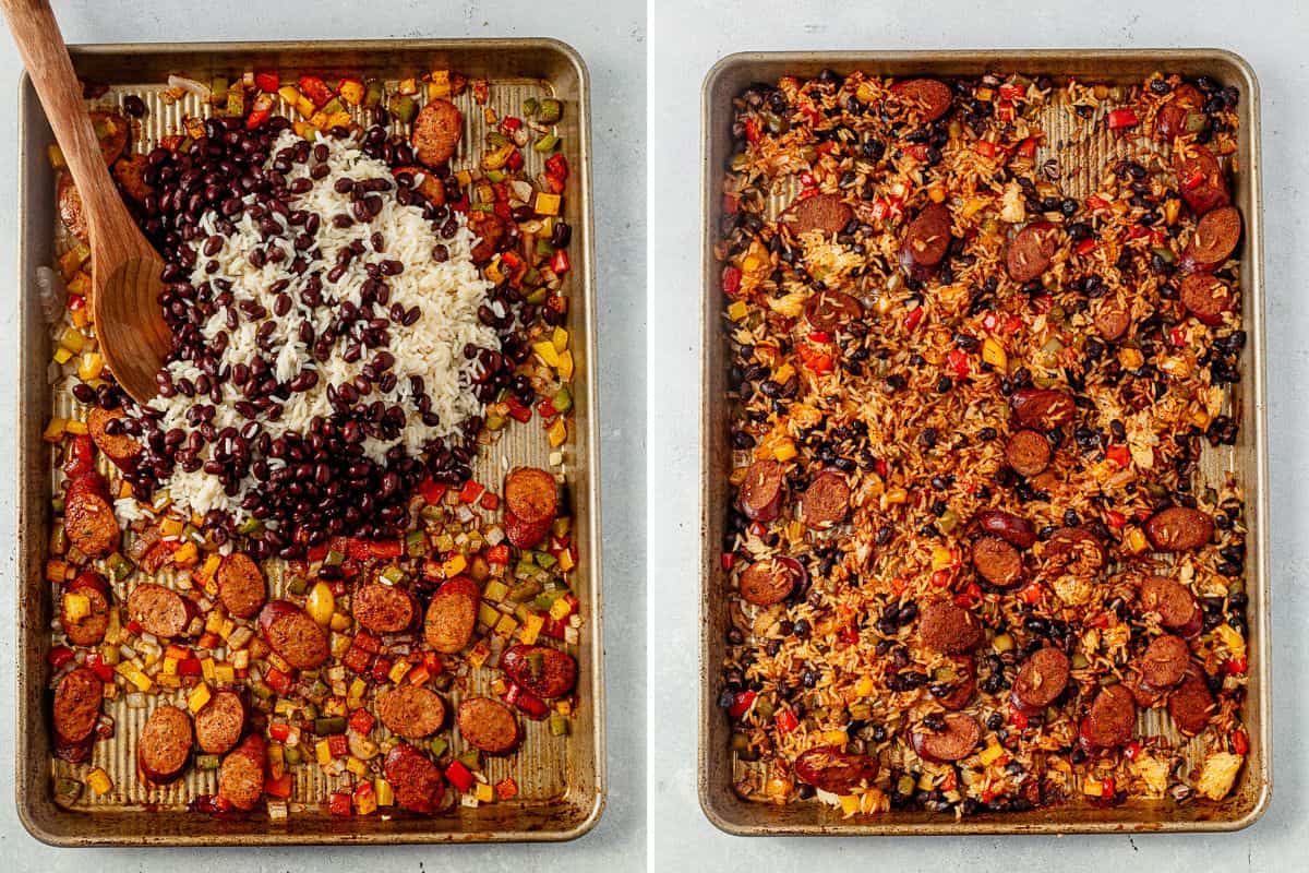 two images of chicken sausage and pepper with rice and beans on a sheet pan and then mexican chicken rice and beans cooked on a sheet pan
