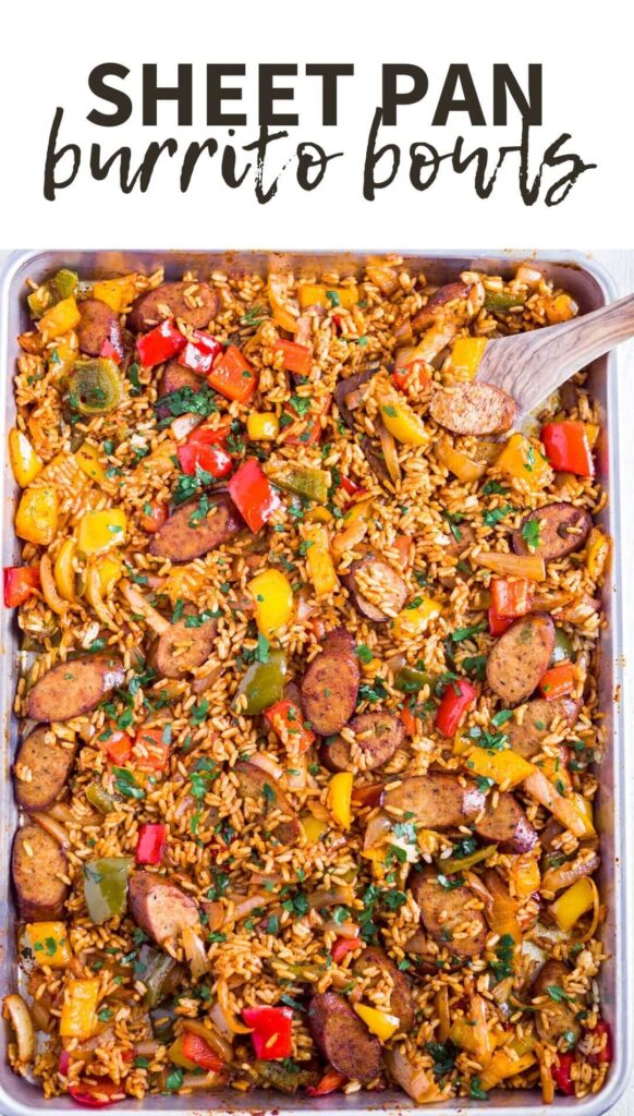 sheet pan burrito bowl recipe with text on top
