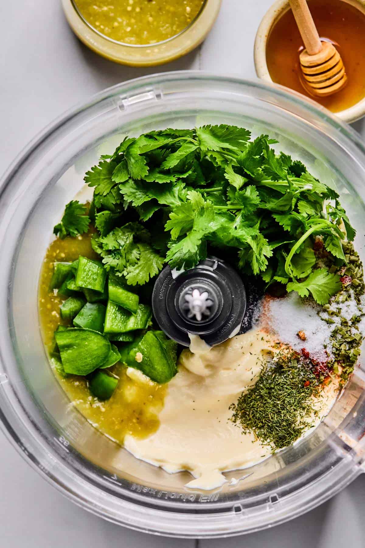 ingredients for BBQ chicken salad dressing placed in food processor