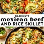 mexican beef and rice in a skillet and then spooning the mexican beef and rice with a spoon.