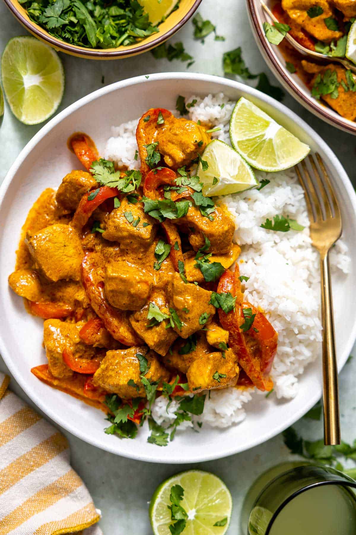 a bowl of coconut curry chicken over basmati rice with a fork.