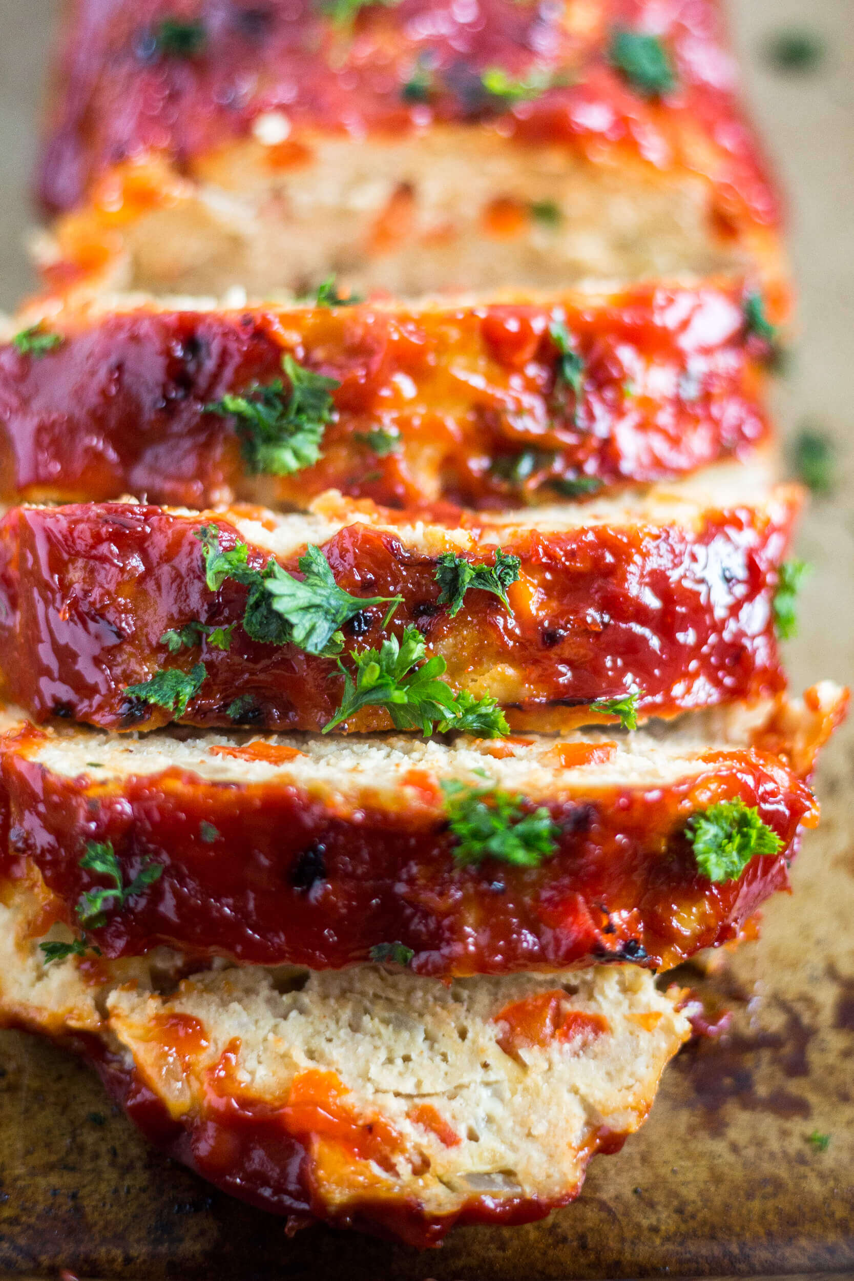 close up of 3 pieces of sliced gluten free meatloaf